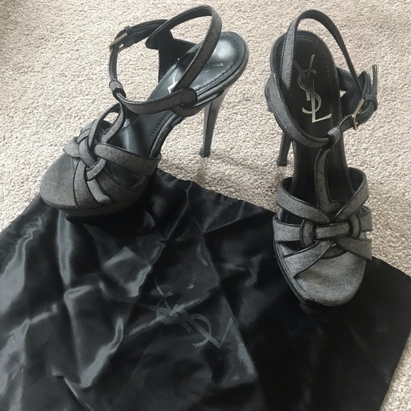 YSL Gray & Black Tribute Platform Sandal Heels Size 5 - Picture 8 of 8